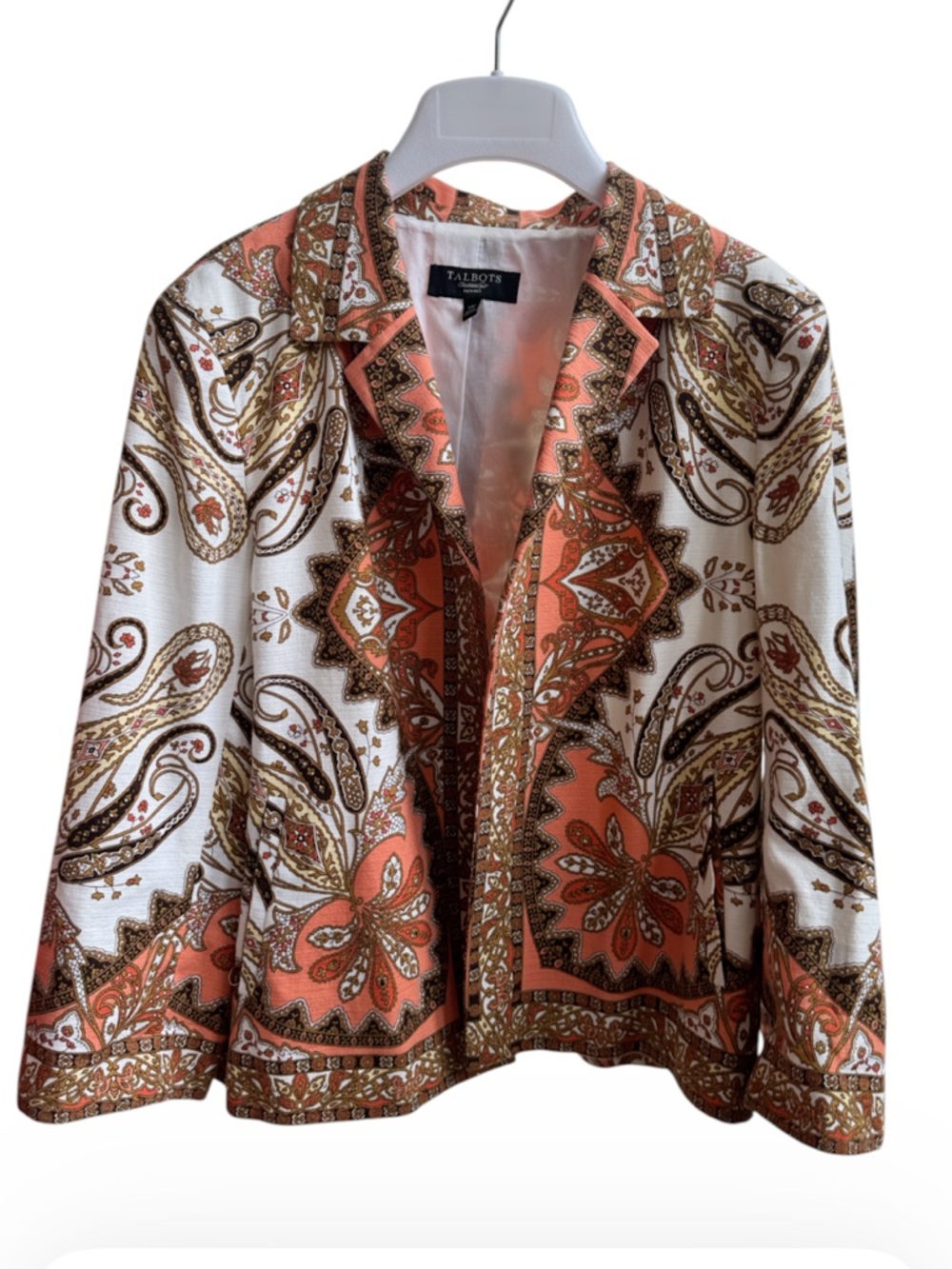 Talbots Women's Peach Multicolor Paisley Print Open Front Jacket Blazer Size 14P
